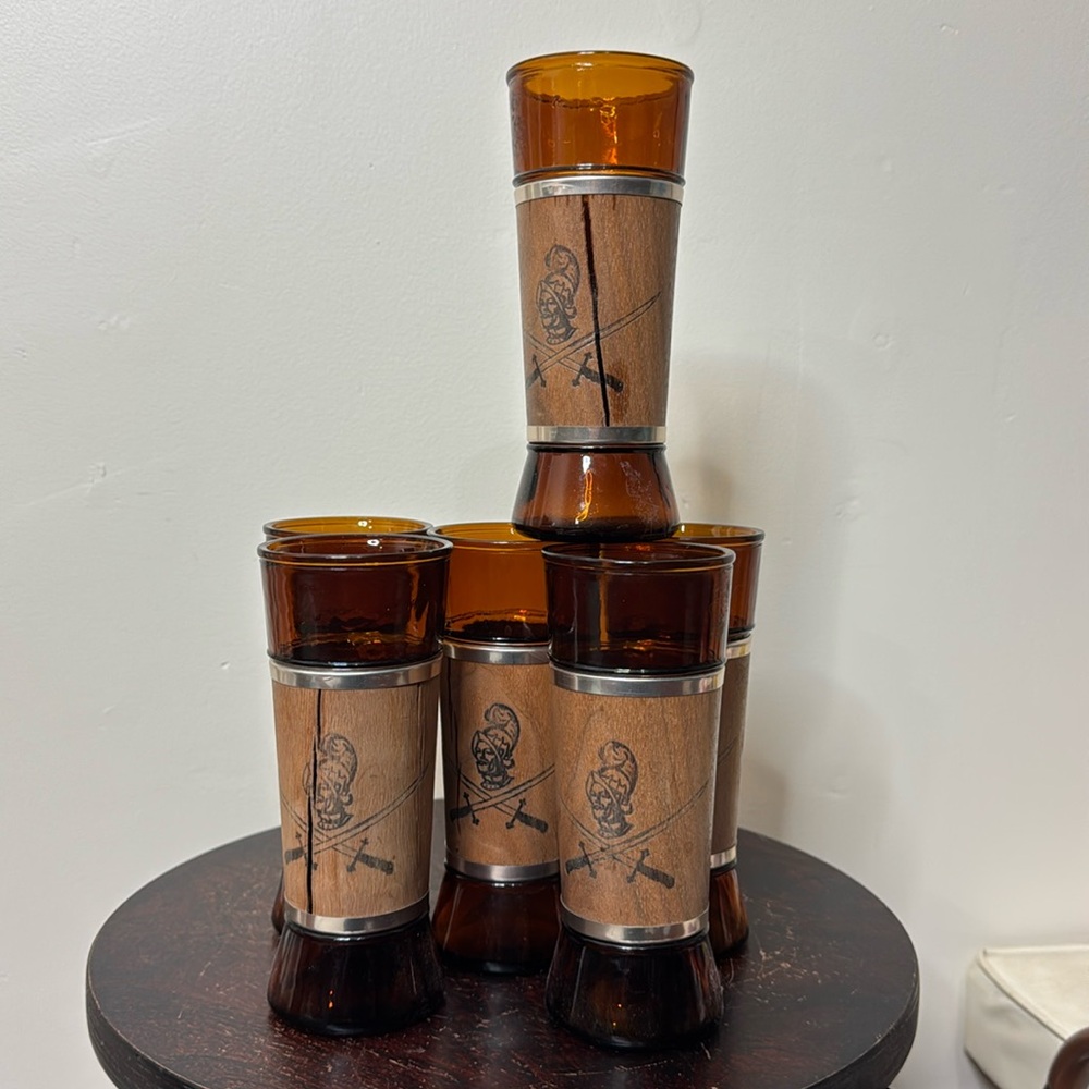 Vintage tiki walnut & glass set of 6 drinking glasses amber color pirate theme